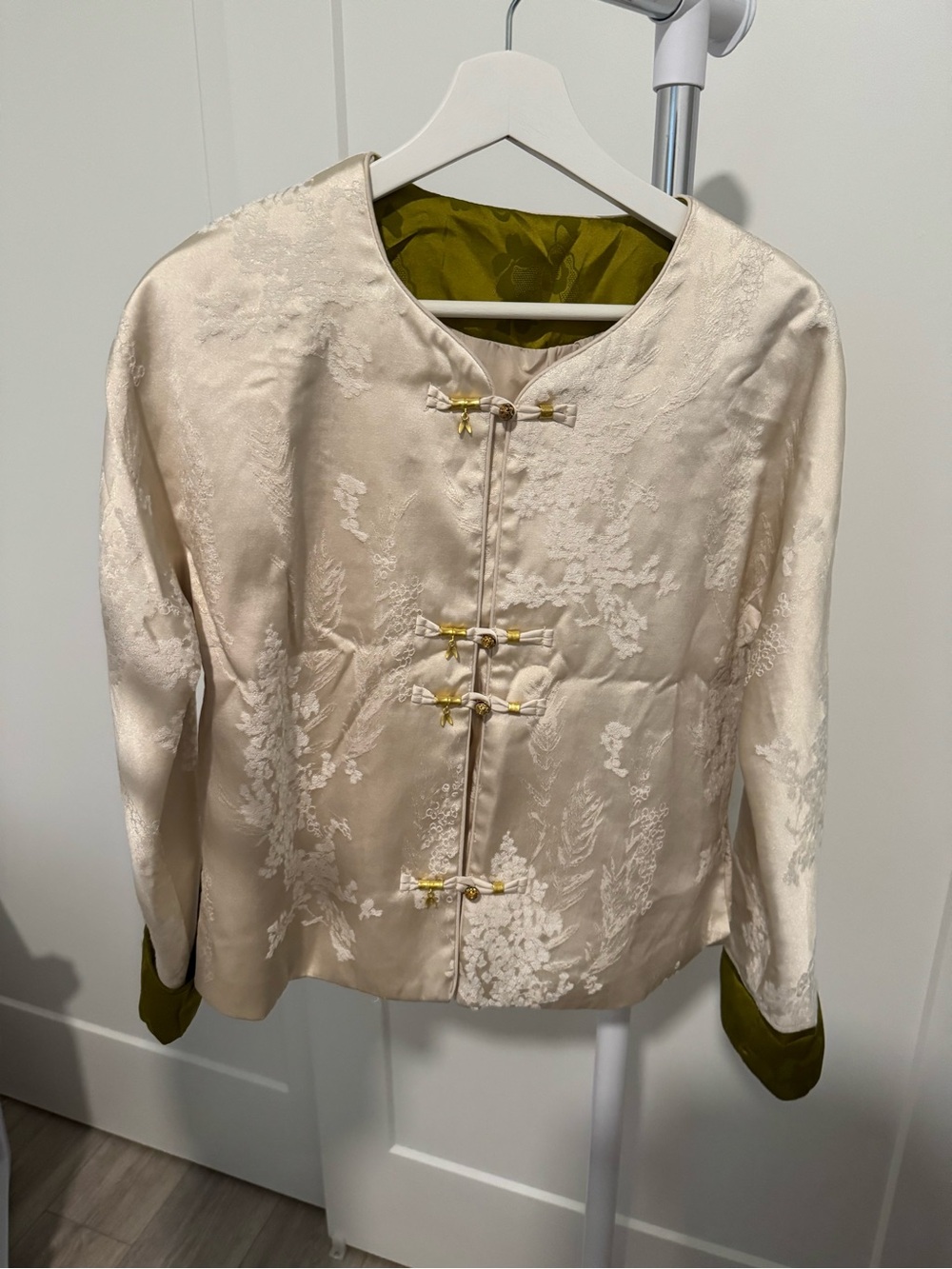 Women's Cream Brocade Mandarin Jacket with Olive Trim